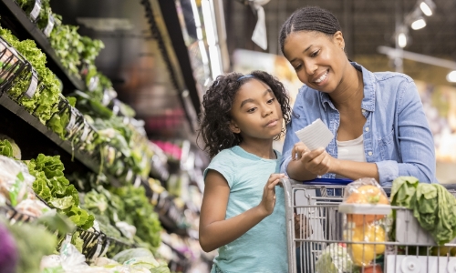 A parent and child grocery shopping